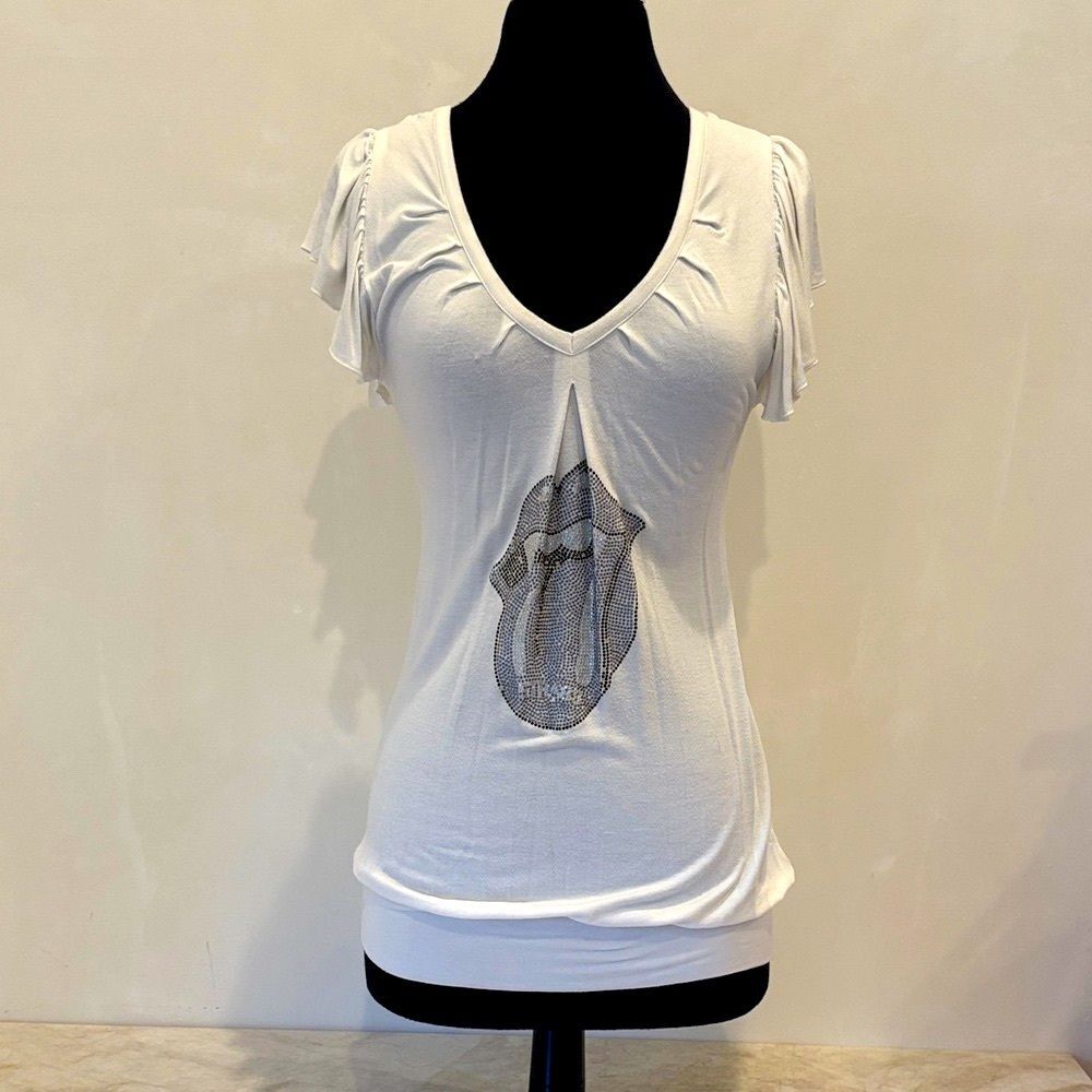 Strass NWOT Rhinestone Rolling Stone Top White V-Neck Ruffle Sleeve French Size1